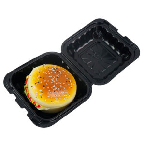 8*8 英寸黑色 PP一次性汉堡餐盒 微波可用耐高温连体快餐盒 外卖打包盒